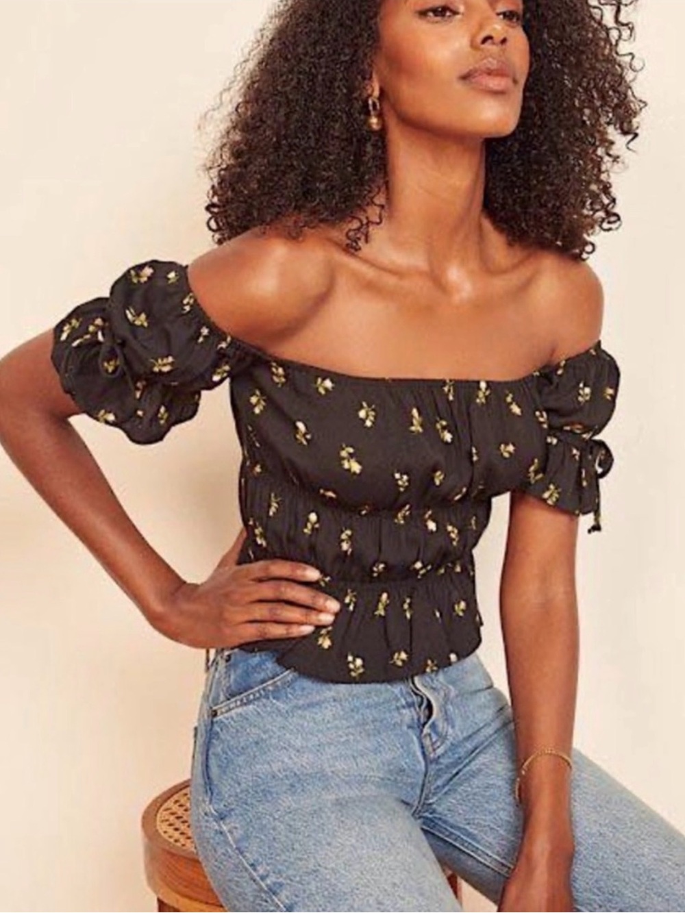 Reformation Solis Top XS Briar Floral Black Smocked Puff Sleeve Off Shoulder